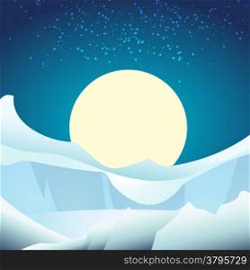 A vector illustration of arctic glacier landscape against full moon in the sky