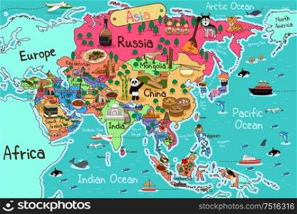 A vector illustration of Asia map in cartoon style