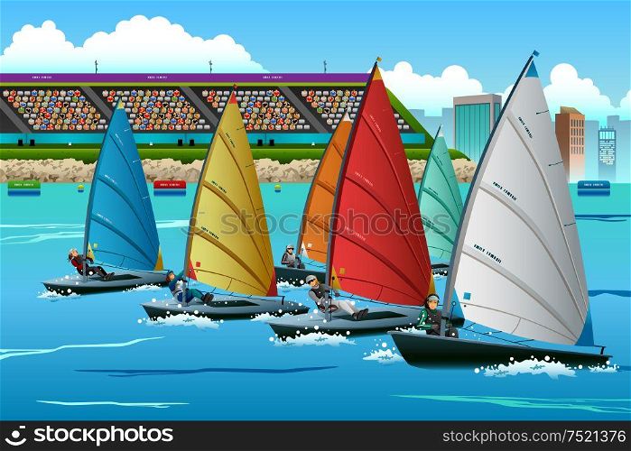 A vector illustration of athletes sailing in the competition for sport competition series