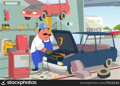 A vector illustration of Auto Mechanic Fixing a Car in the Garage