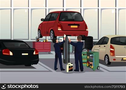 A vector illustration of auto mechanic fixing a car under the hood in the auto repair garage