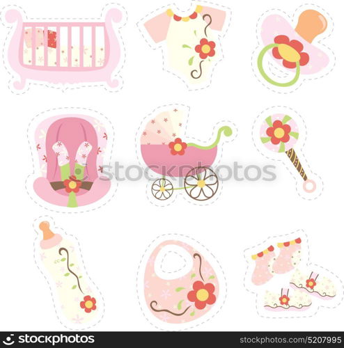 A vector illustration of baby girl items icons