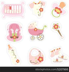 A vector illustration of baby girl items icons