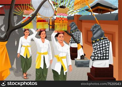 A vector illustration of Balinese women bring offerings of fruits and gifts