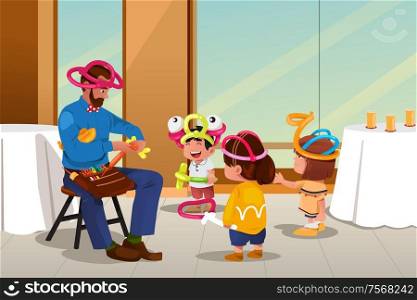 A vector illustration of balloon artist making balloons in front of kids