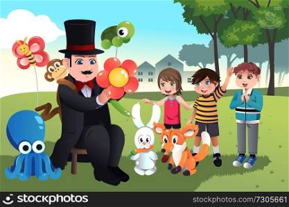 A vector illustration of balloon makers making balloons in front of kids