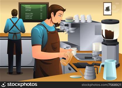 A vector illustration of barista preparing drip coffee in cafe