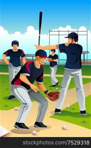 A vector illustration of baseball players training on baseball field