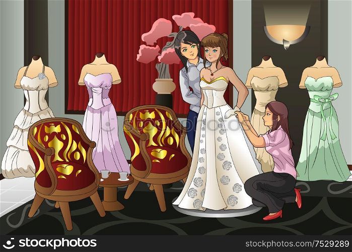 A vector illustration of beautiful bride fitting her wedding gown