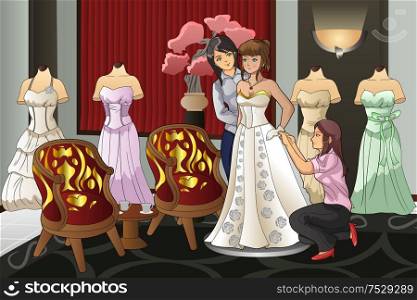 A vector illustration of beautiful bride fitting her wedding gown