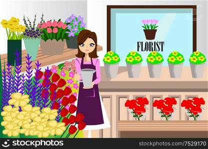 A vector illustration of beautiful florist working with bunch of different flowers in the flower shop