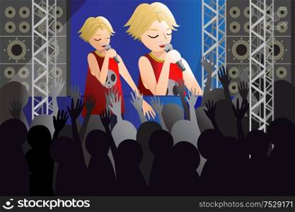A vector illustration of beautiful singer singing on stage