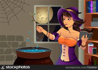 A vector illustration of beautiful witch cooking potion with cauldron