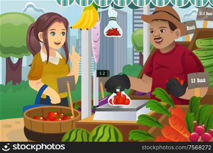 A vector illustration of beautiful woman shopping in an outdoor farmers market