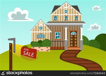 A vector illustration of big beautiful modern house with for sale sign
