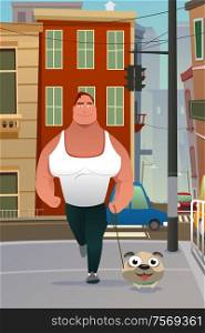 A vector illustration of big muscular man walking a small dog