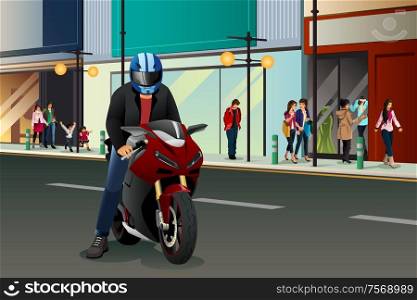 A vector illustration of biker riding his motorbike in city