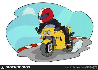 A vector illustration of biker riding on his motorbike