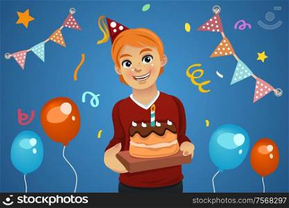 A vector illustration of birthday boy holding a birthday cake