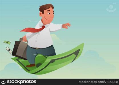 A vector illustration of businessman flying off money carpet for financial concept