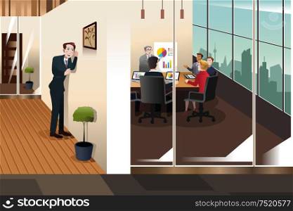 A vector illustration of businessman listening to the conversation in a meeting room