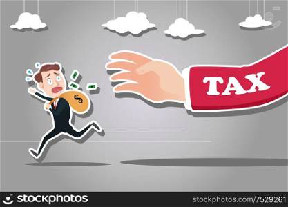A vector illustration of businessman running away from tax for tax concept