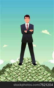 A vector illustration of businessman standing on top of pile of money