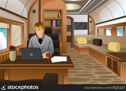 A vector illustration of businessman traveling in a luxurious private jet