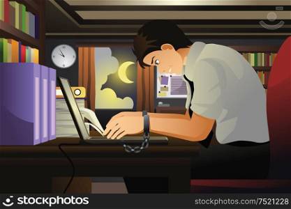 A vector illustration of businessman working with his hands tied with handcuff to the laptop