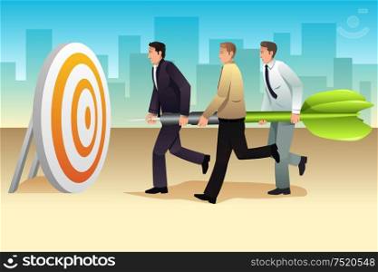 A vector illustration of businessmen Aiming a Dart on the Target
