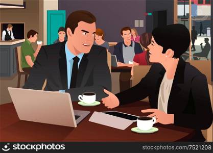 A vector illustration of businesspeople eating together in the cafeteria
