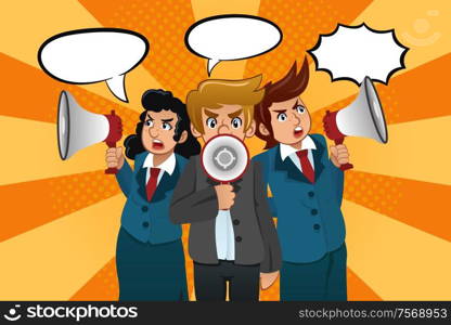 A vector illustration of businesspeople holding megaphones
