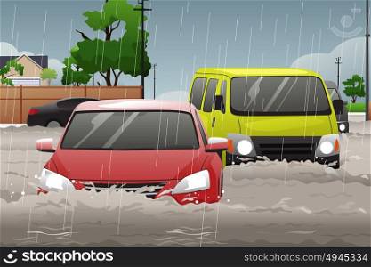 A vector illustration of car trying to drive against flood on the street