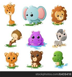 A vector illustration of cartoon wildlife animal icons