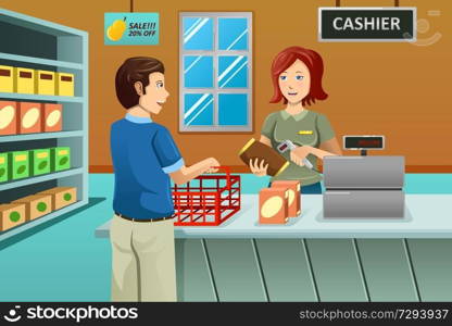 A vector illustration of cashier working in the grocery store serving a customer