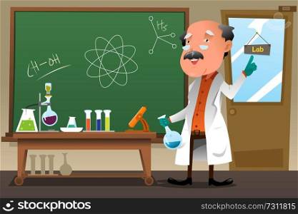 A vector illustration of chemistry professor working at the lab