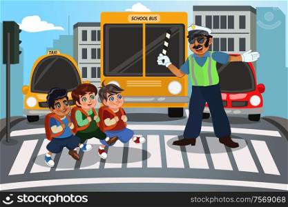 A vector illustration of children crossing street walking through pedestrian crossing