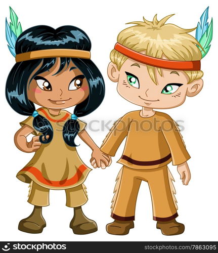 A vector illustration of children dressed as indians and holding hands for thanksgiving or halloween.