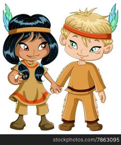 A vector illustration of children dressed as indians and holding hands for thanksgiving or halloween.