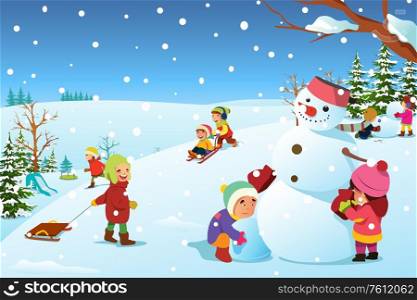 A vector illustration of Children Playing Outside During Winter