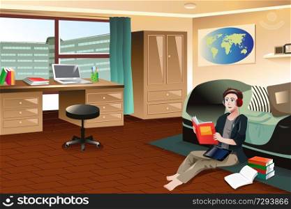A vector illustration of college student studying while listening to music in a dorm room