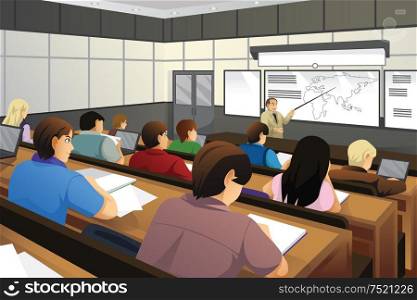 A vector illustration of college students in class with professor teaching