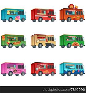 A vector illustration of colorful food truck icon designs