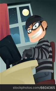 A vector illustration of computer criminal stealing identity