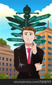 A vector illustration of confused businessman under a street sign with different directions