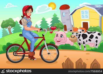 A vector illustration of country farm girl biking in a farm