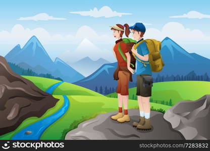 A vector illustration of couple backpackers on top of mountain