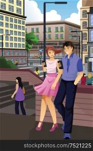 A vector illustration of couple checking on their phones in the city