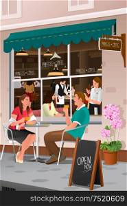 A vector illustration of couple drinking coffee at an outdoor cafe