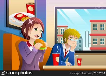 A vector illustration of couple eating lunch together at a fast food restaurant
